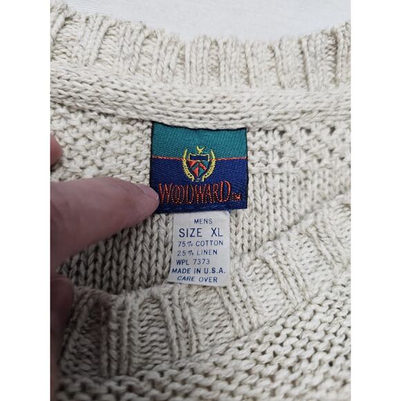 Woodward Vintage Sweater Basketweave Cream Linen Cotton Made In USA Fisherman XL - Picture 2 of 11